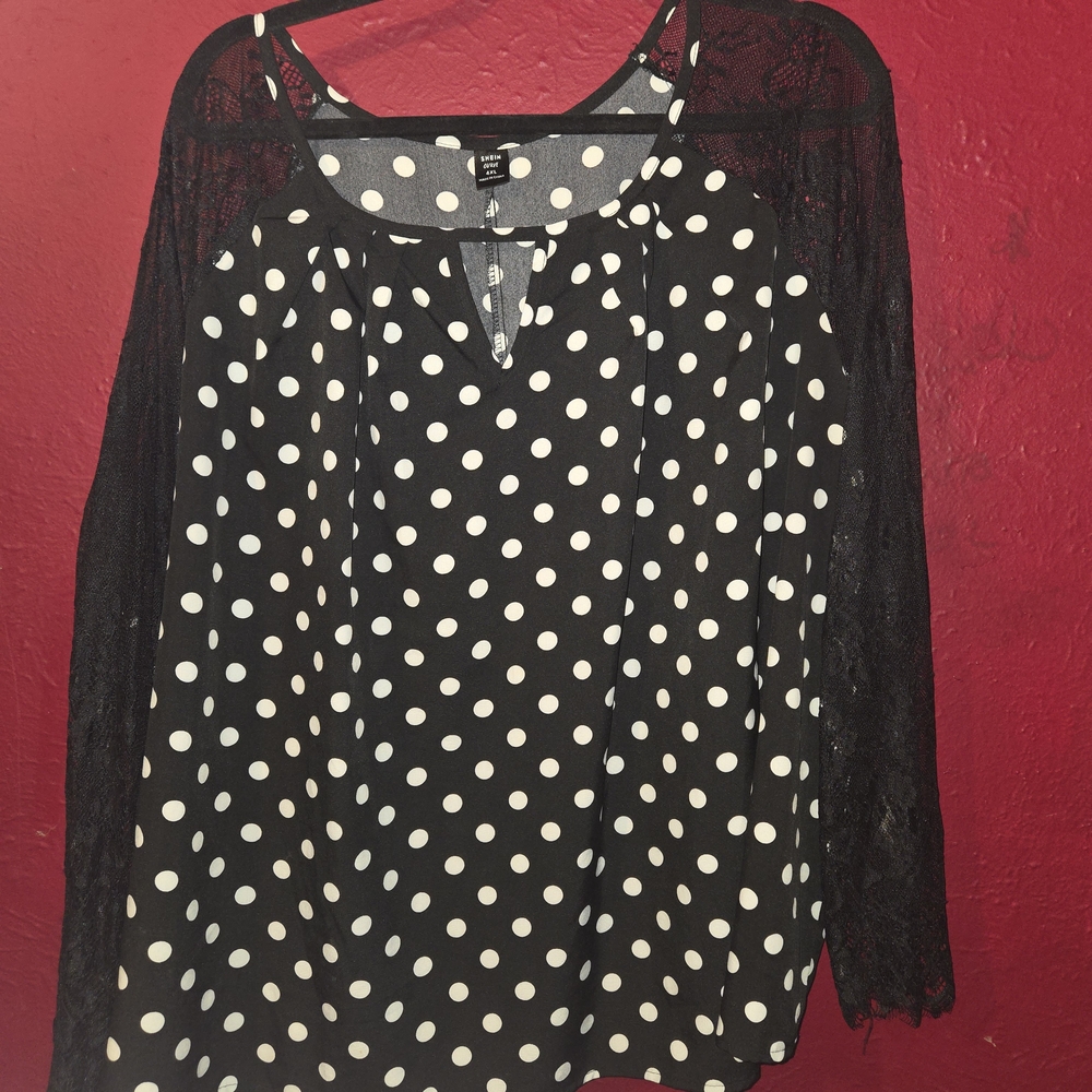 Black and White Polka Dot Lace Sleeves Women's Top